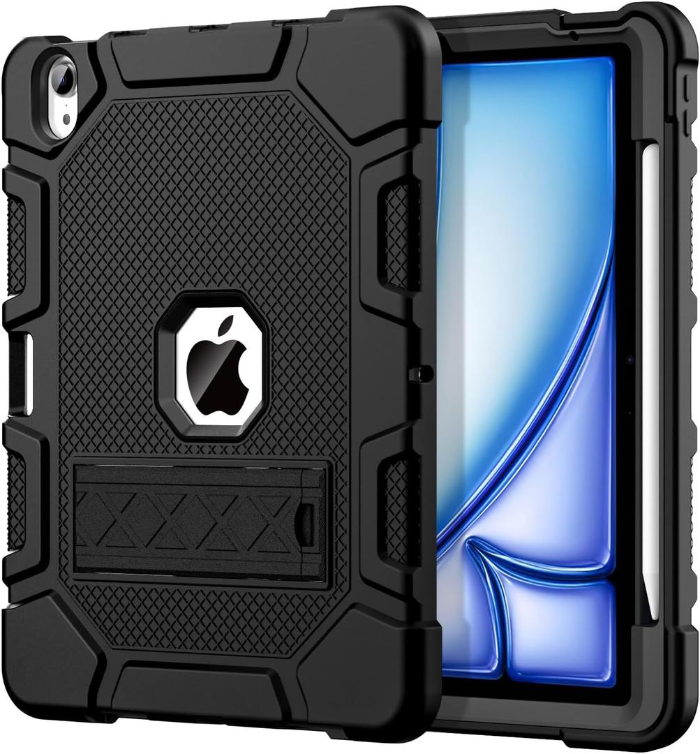 Case for iPad Air 11 Inch M4/M3/M2 (2026/2025/2024), iPad Air 5th/4th Generation 10.9 Inch (2022/2020), Heavy Duty Shockproof Rugged Protective Case with Pencil Holder, Black