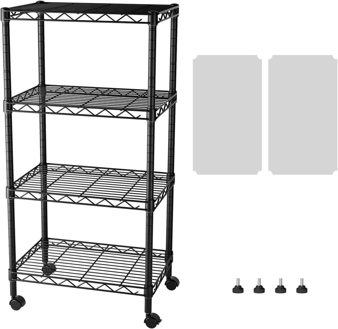 SINGAYE 4 Small Shelves Storage Shelf Wire Shelving Unit Metal Shelf Adjustable Organizers Storage Shelving with Wheels for Bathroom Laundry Room Kitchen Pantry11.5D x 17.5W x 30.5H Black