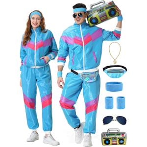 80s Track Suit for Men Women 90s Retro Windbreaker Set Couples 90s Tracksuit 80s Costume Men Neon Wind Suit (X-Large, Blue)