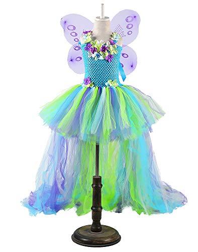 Tutu Dreams Fairy Dress Girls Kids Renaissance Faire Costume Princess Butterfly Wings Flower Girl Birthday Carnival Party Dress Up Clothes (Blue, L)