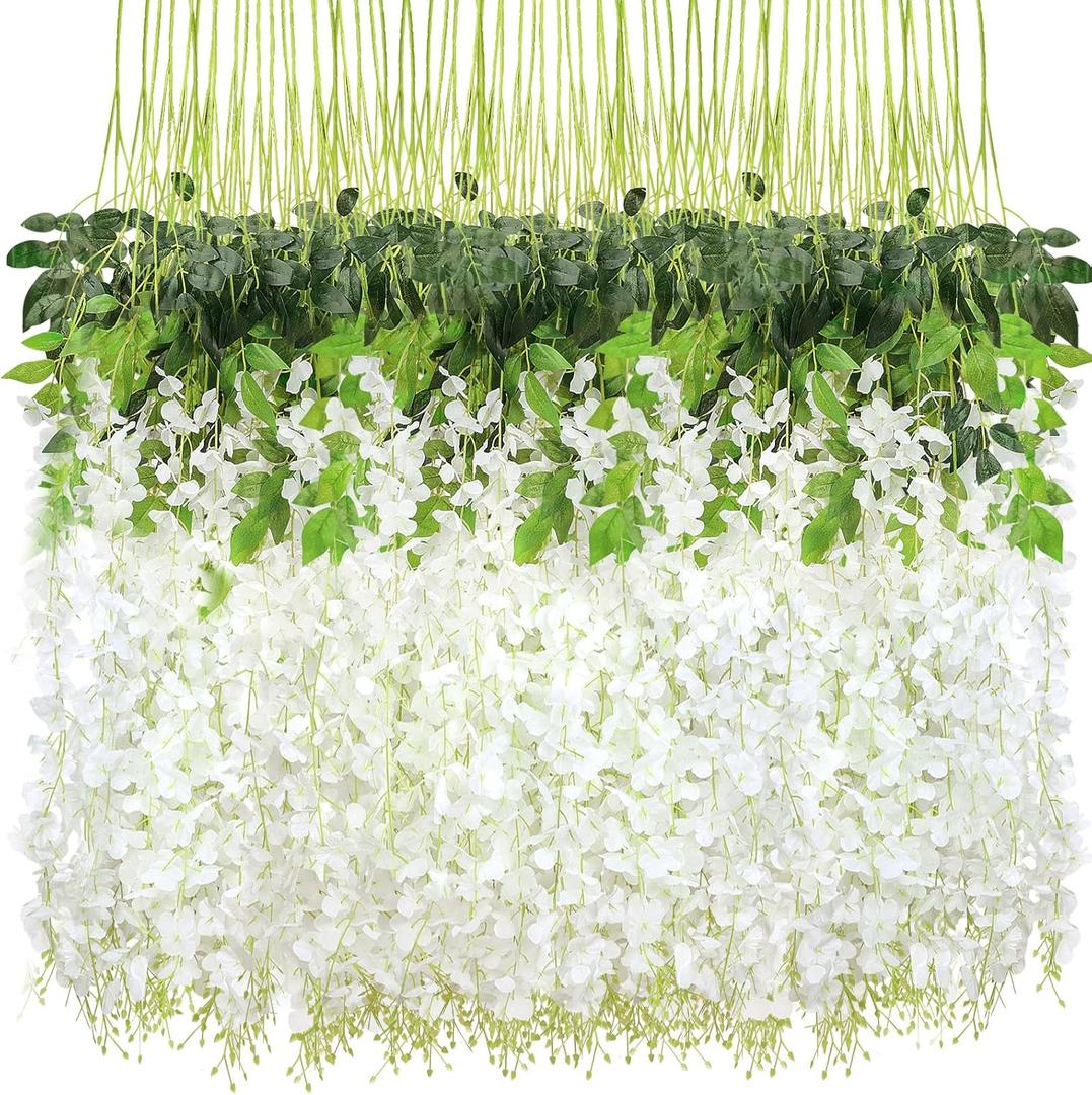 CEWOR 60 Pack Wisteria Hanging Flowers 3.7 Feet Artificial Flowers Fake Wisteria Vine Hanging Garland Silk Flowers String for Wedding Party Home Greenery Wall Decor (White)