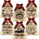 6 Pcs Christmas Lighted Burlap Sacks with Drawstring 15.7 x 11.8 Inches Merry Christmas Lighted Gift Decorative Burlap Bags Xmas Treat Bags with Ribbon for Holiday Party Decorations