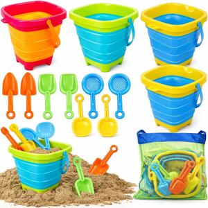 TOY Life Collapsible Beach Toys for Kids with 4 Silicone Collapsible Sand Buckets & 8 Shovels & Mesh Bag, Travel Beach Essentials for Kids Sand Toys Toddlers, Sandbox Toys for Boys Girls Ages 3-5 4-8