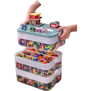Plastic Storage Organizer for Lego Box Kids Child Toy Stackable Containers with Lids Bins 3 Layers Adjustable Compartments Building Blocks Chest Case
