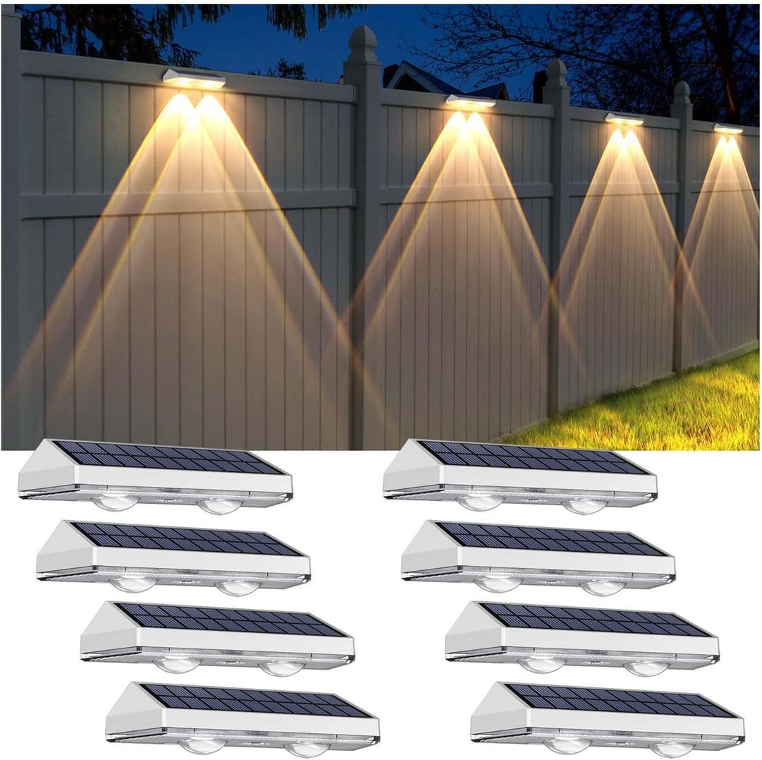 Solar Fence Lights Outdoor - 2700/4000/6000K 3 Modes, IP65 Waterproof Fence Solar Lights Outdoor, Fence Light Solar Powered for patio decor/Railing/Step and Wall - Unique Housewarming Gifts（8 Pack)