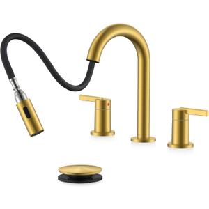KENES Brushed Gold Pull Down Bathroom Faucet, 8 Inch 2 Handle Widespread Bathroom Faucet 3 Hole with Pull Out Sprayer, Bathroom Sink Faucet with Pop Up Drain & Supply Lines LJ-9068-4