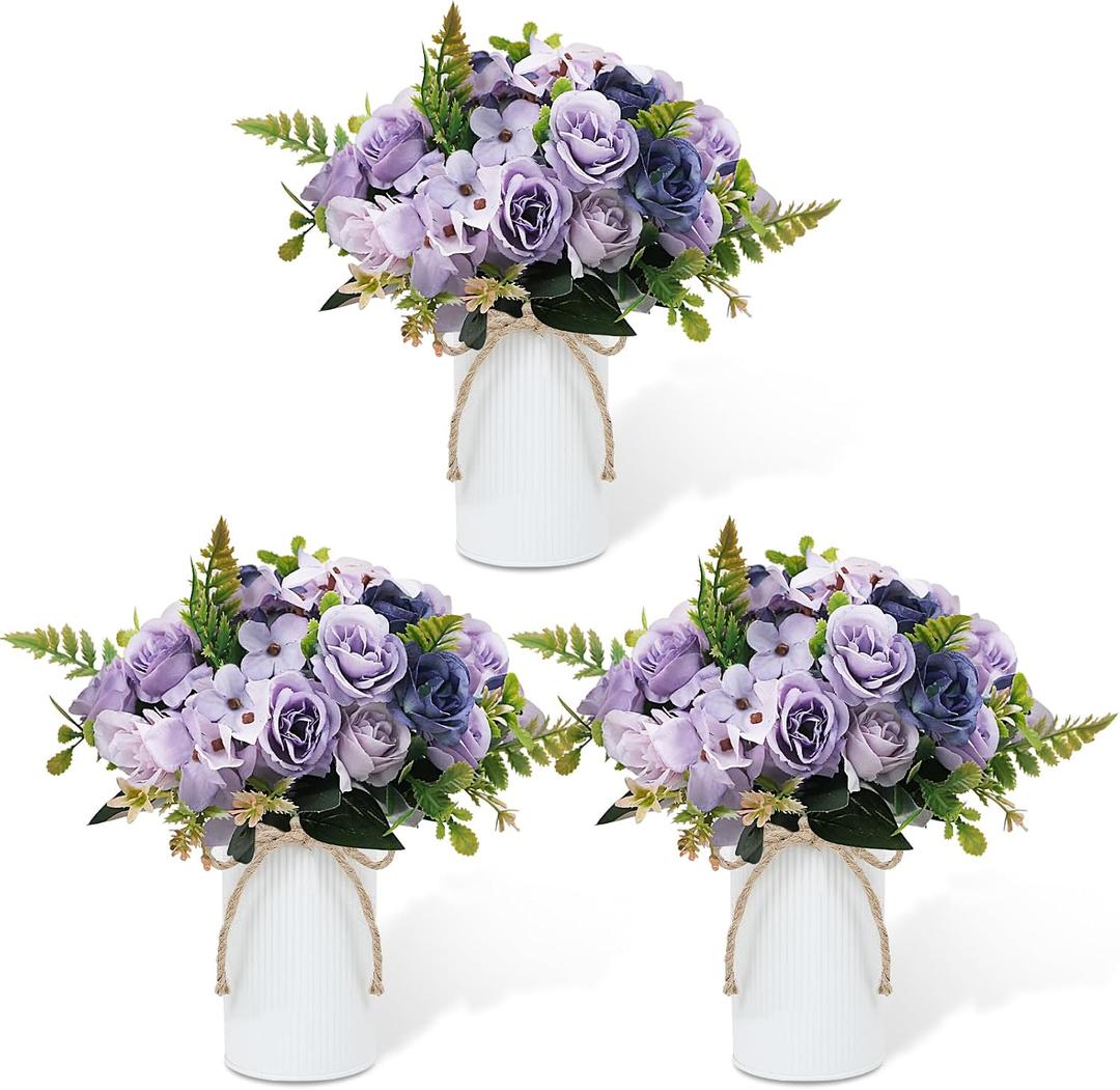 Dining Table Centerpiece Sets 3 Artificial Rose Bouquet with Vase - Farmhouse 6 Pcs Silk Flowers and 3 Pcs Metal Pot Small Faux Floral Arrangements for Wedding Party Home Kitchen Bathroom Dcor, Lilac
