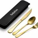 4-pieces Travel Set with Case Portable Silverware Utensils Set for work, Stainless Steel Reusable Flatware Set Cutlery Set for Camping Picnic Hiking Office (6.7inch, Matte Gold)