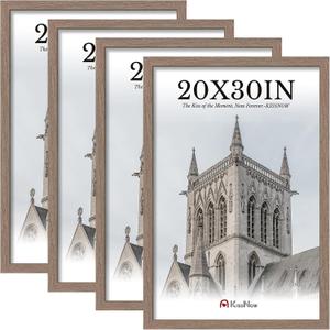 20x30 Poster Frame 4 Pack, Walnut Wood 30x20 Picture Frame, Polished Plexiglass, Vertical or Horizontal Wall Display for Photos & Artwork
