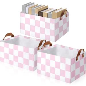 Boao 3 Pcs Checkered Basket Checkered Storage Bin with Handles Gingham Storage Bin Square Tote Laundry Basket Canvas Foldable Box for Home Office Bedroom Bathroom Clothes Cars(Pink)
