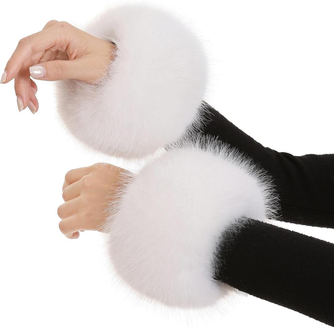 Women's Faux Fur Wrist Cuffs, Winter Fox Furry Wristbands, Fluffy Fur Cuff Bracelets, Arm Warmers (White)