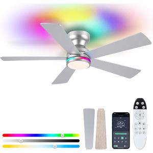 RGB Ceiling Fans with Lights, 46" Flush Mount Ceiling Fan with Remote APP, RGB+3CCT Dimmable Led Light, Reversible 6 Wind Speeds&2H Timer, Low Profile Modern Fan Light Fixture for Bedroom Party, 46 in, Silver RGB
