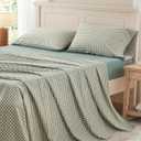 PURE ERA King Sheet Set 100% Washed Cotton Green Gingham Bed Sheets King Size, 4 Pieces Set Linen Like Textured Breathable Durable Soft Comfy - 15" Deep Pocket - Checked Sage Green