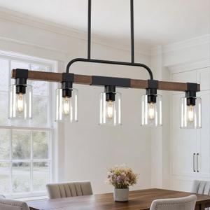 Farmhouse Dining Room Light Fixtures Over Table Rustic Ceiling Pendant Lights Kitchen Island5-Light Wood Kitchen Island Lighting Linear Chandelier with Clear Glass lampshade