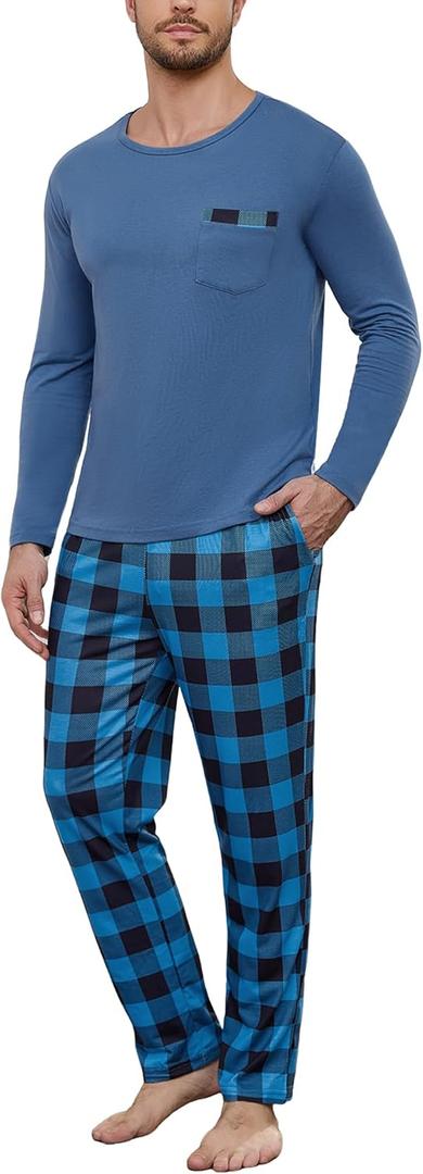 Sykooria Men's Cotton Pajamas Set Long Sleeve Plaid Loungewear Cozy Striped Sleepwear 2 Piece Comfy Pjs Set with Pockets, L