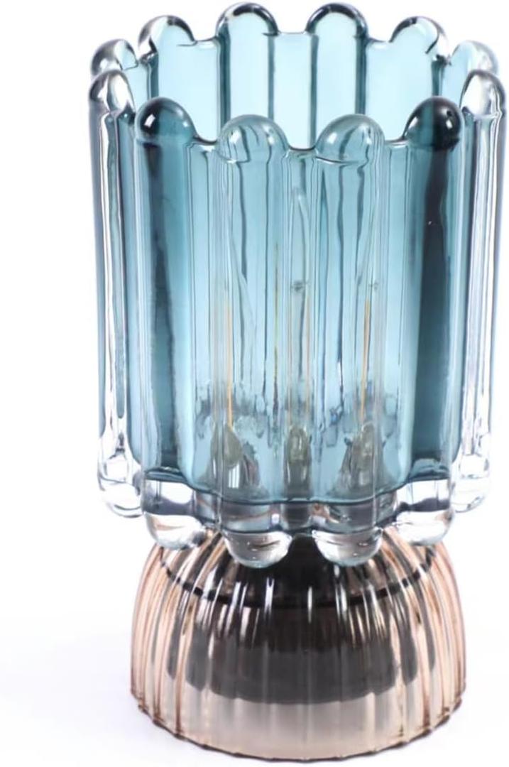 Battery Operated Lamp with Auto-Off Timer, Cordless Table Night Light for Bedroom & Entryway, Portable LED Lamp for Home, Outdoor, Camping No Battery Included (Glass Design-Smoke Blue)
