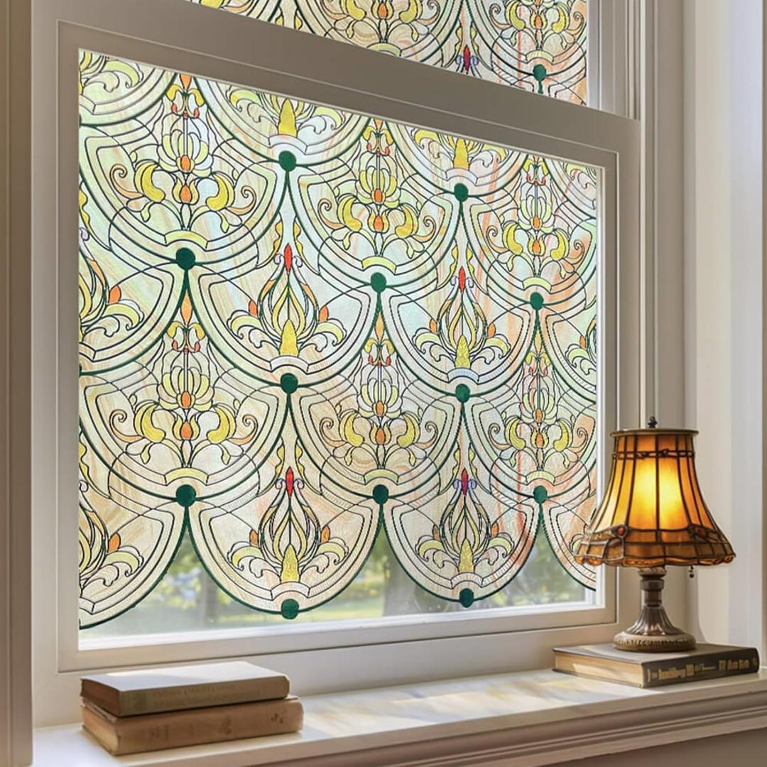 3D Stained Glass Window Film, Decorative Window Privacy Film for Bathroom,Front Door,Home, Sun Blocking Heat Control,Static Cling, Golden Ironwork 23.6inch x 70.8inch