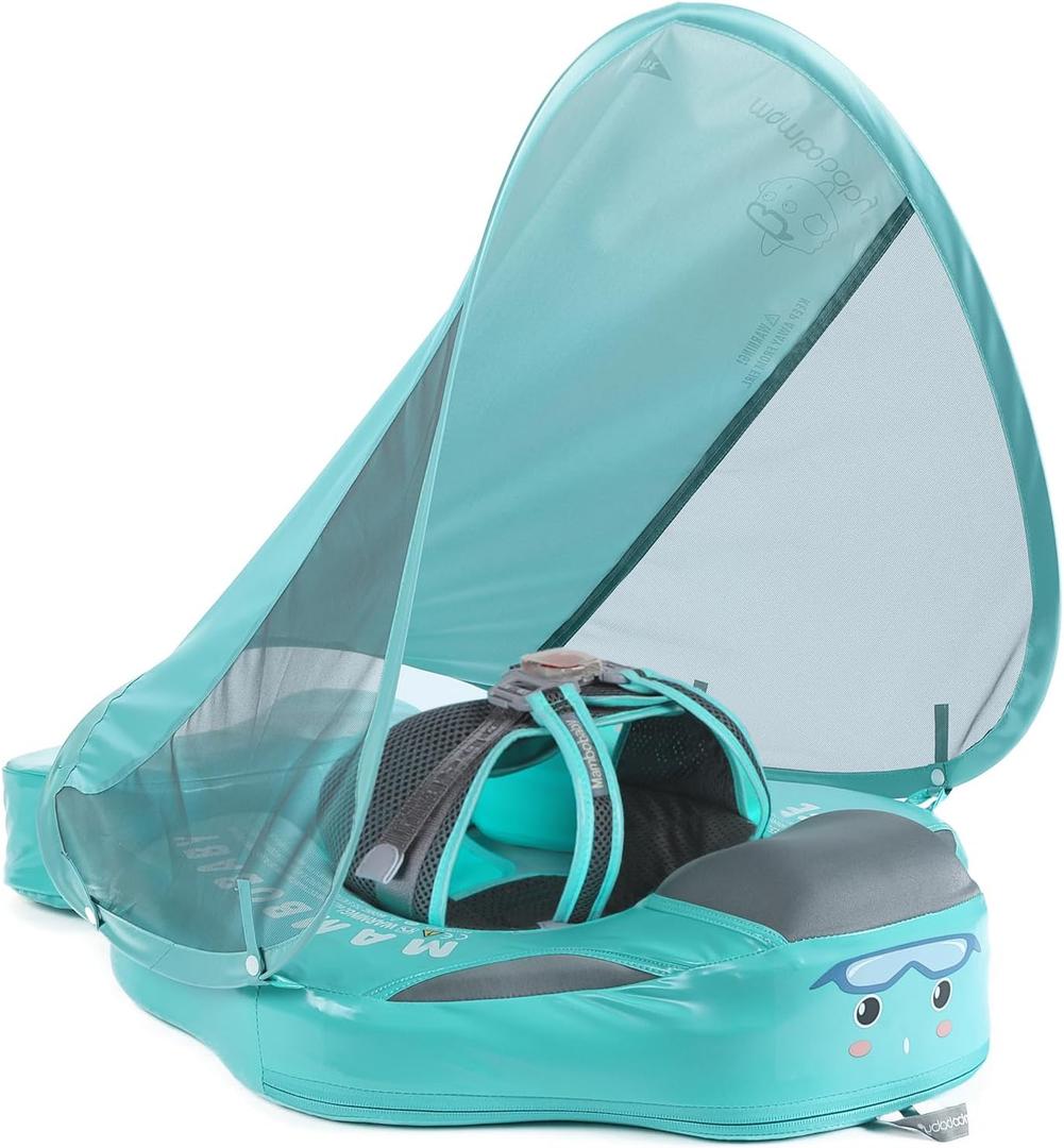 Mambobaby Float Add Tail Baby/Infant Swim Float with Canopy, Non-Inflatable Solid Upgrade Soft Waterproof Skin-Friendly Leather Material (Deluxe Edition Green)