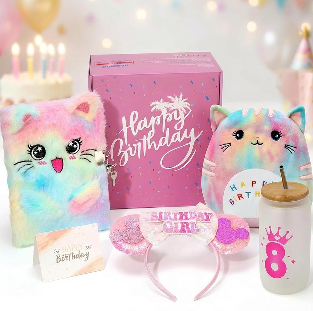 Niskite 8 Year Old Girl Birthday Gift: 8th Birthday Gift Set for Girls | Fuzzy Cat Diary with Lock, Bday Tumbler & Headband - Unique Basket Present for Daughter Granddaughter Niece
