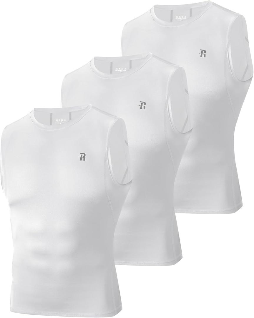 Runhit 3 Pack Men's Compression Shirts Sleeveless Workout Athletic Tank Top Sports Base Layer Undershirt for Running Gym (Large)