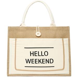 JOLLQUE Jute Beach Tote for Women, Reusable Grocery Shopping Bag with Handle.
