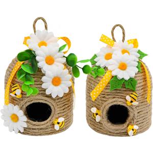 Bee Hive Decor, 2 Pack Farmhouse Bee Decorations for Home Indoor, Spring Summer Bee Themed Home Decor for Kitchen, Living Room, and Mantel, Sunflowers Decorations