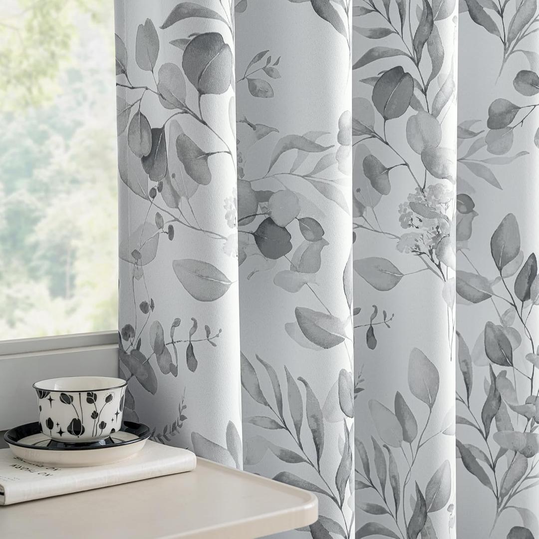 100% Blackout Curtains for Bedroom, Grey Floral Printed Curtains 63 Inch Length for Living Room Darkening Thermal Insulated Watercolor Patterned Drapes, Grommet Window Curtains 2 Panels