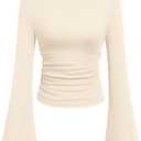 PRETTYGARDEN Womens Long Sleeve Shirts 2026 Spring Crop Going Out Tops Casual Boat Neck Bell Sleeve Ribbed Ruched Y2K Clothes (Small, Beige)