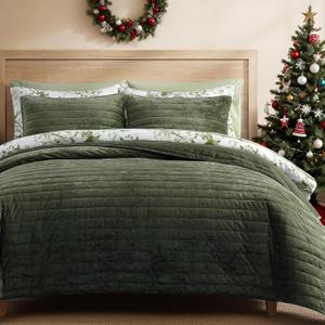 WRENSONGE Velvet Queen Quilt Set-3 Pieces Olive Green Luxurious Striped Channel Velvet Comforter with 2 Shams, Soft Bedspread Coverlet Quilted Bedding Set for All Season