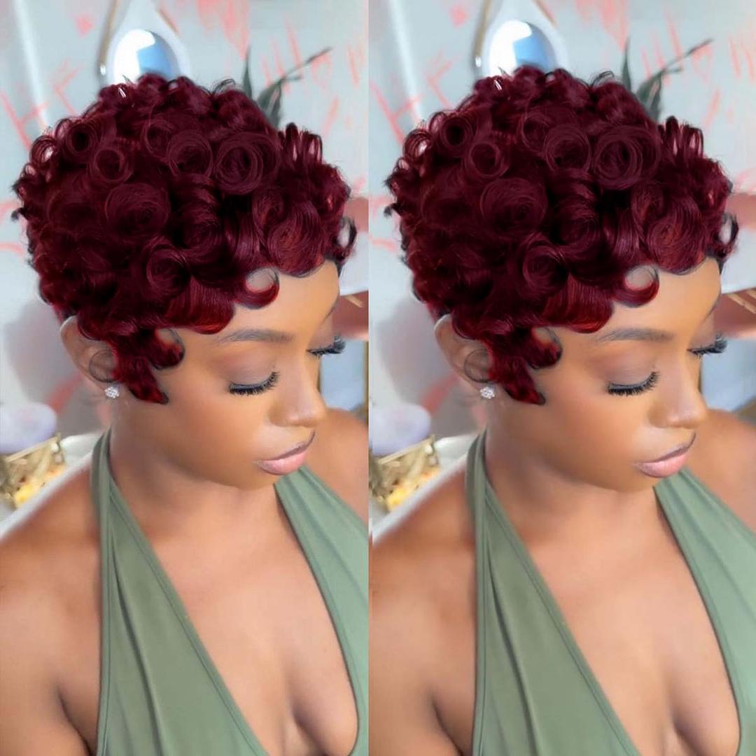 VRZ Short Human Hair Wigs for Black Women Pixie Cut Wig Human Hair Machine Made Burgundy 99J Chic Glueless Short Curly Wigs With Bangs Color 99J#S58#PH