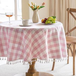 JIALE Gingham Round 60" Tablecloth Rectangle Cotton Linen Fabric Checkered Table Cloth with Tassel Washable Wrinkle Free Buffalo Plaid Table Cover for Birthday Party Picnic Outdoor, Pink