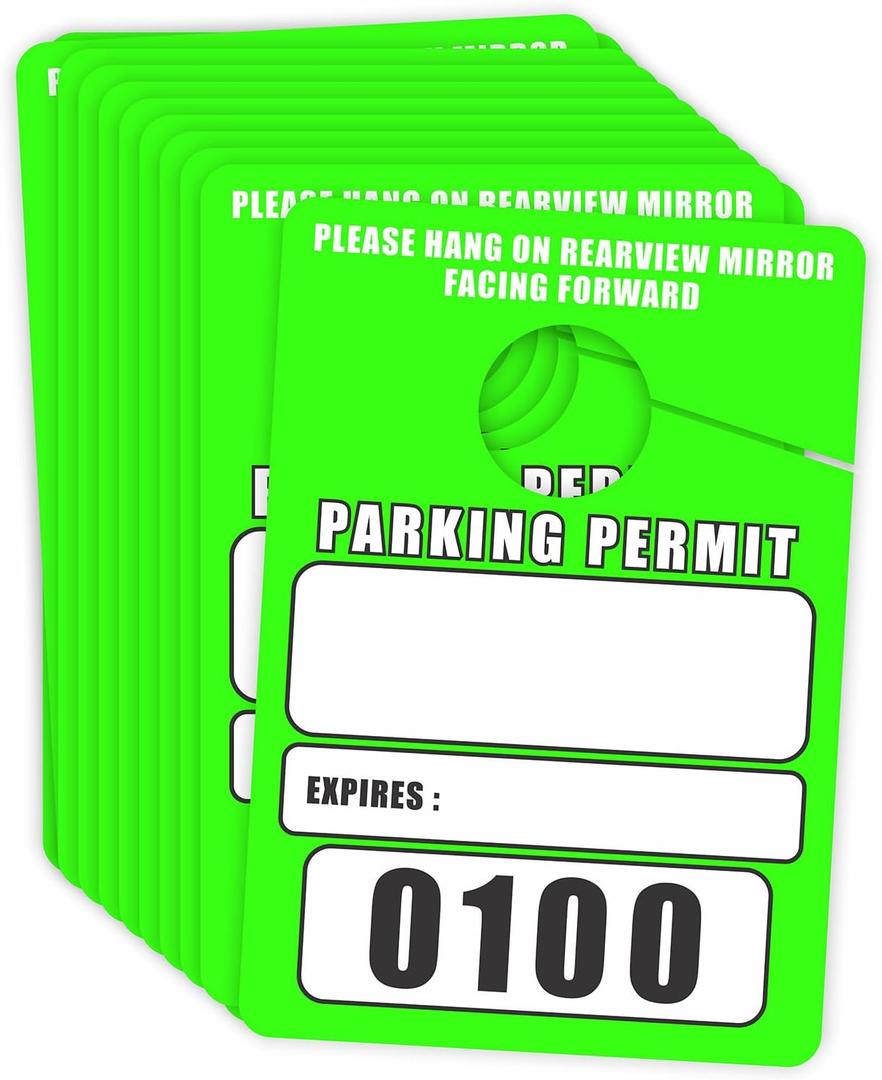 Parking Permit Hang Tags Blank Temporary Pass (Pack of 100) Car Vehicle Parking Management Green 3.30 x 4.75 inches (0001 to 0100) Numbered