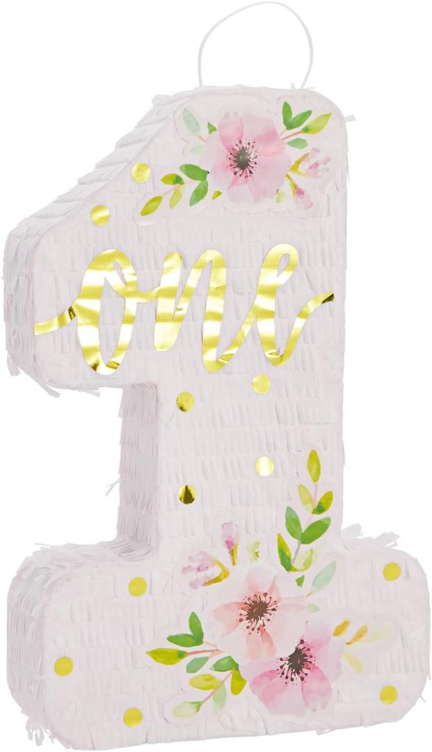 BLUE PANDA 1st Birthday Pinata for Girl - Pink Floral Number 1-16.5 x 11 x 3 in - Gold Foil One & Hibiscus Print - Holds 2 lbs Candy & Favors - Easy-Fill Opening - 1 Pinata