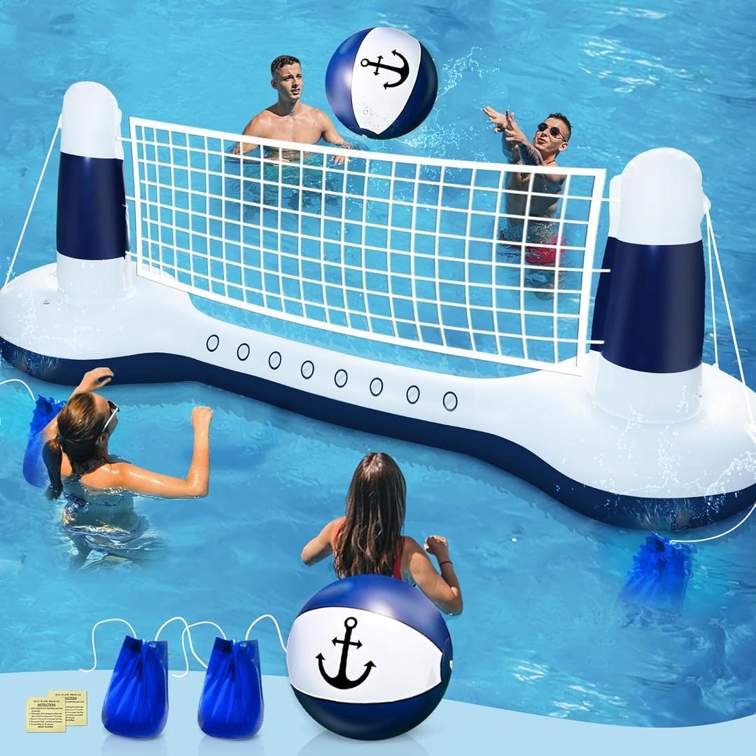 Large Inflatable Pool Games Volleyball Net Pool Float Set with 9" Anchor Ball, 2 Weight Bags & Yacht Design  Floating Swimming Game Toy for Adults & Kids, Perfect for Summer Water Sport Pool Party