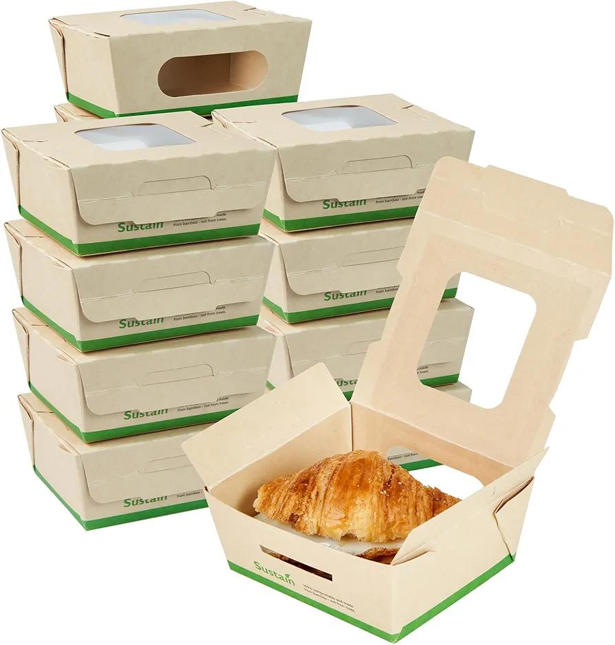 Restaurantware-Sustain 12 Ounce Sturdy Paper Take Out Boxes, 200 Disposable Take Out Food Containers - With PLA lining, Two Clear PLA Windows, Bamboo Paper Containers, Compostable, Greaseproof