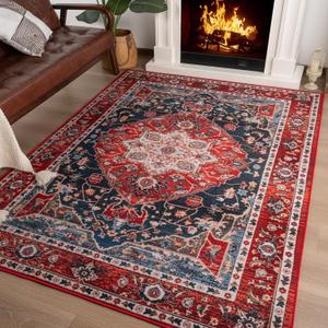 ST. BRIDGE Large Area Rug 5x8, Washable Vintage Rug for Bedroom Living Room, Non-Slip Low Pile Colorful Accent Rug, Indoor Floor Carpet for Dining Room Office Playroom Nursery Home Decor, Red