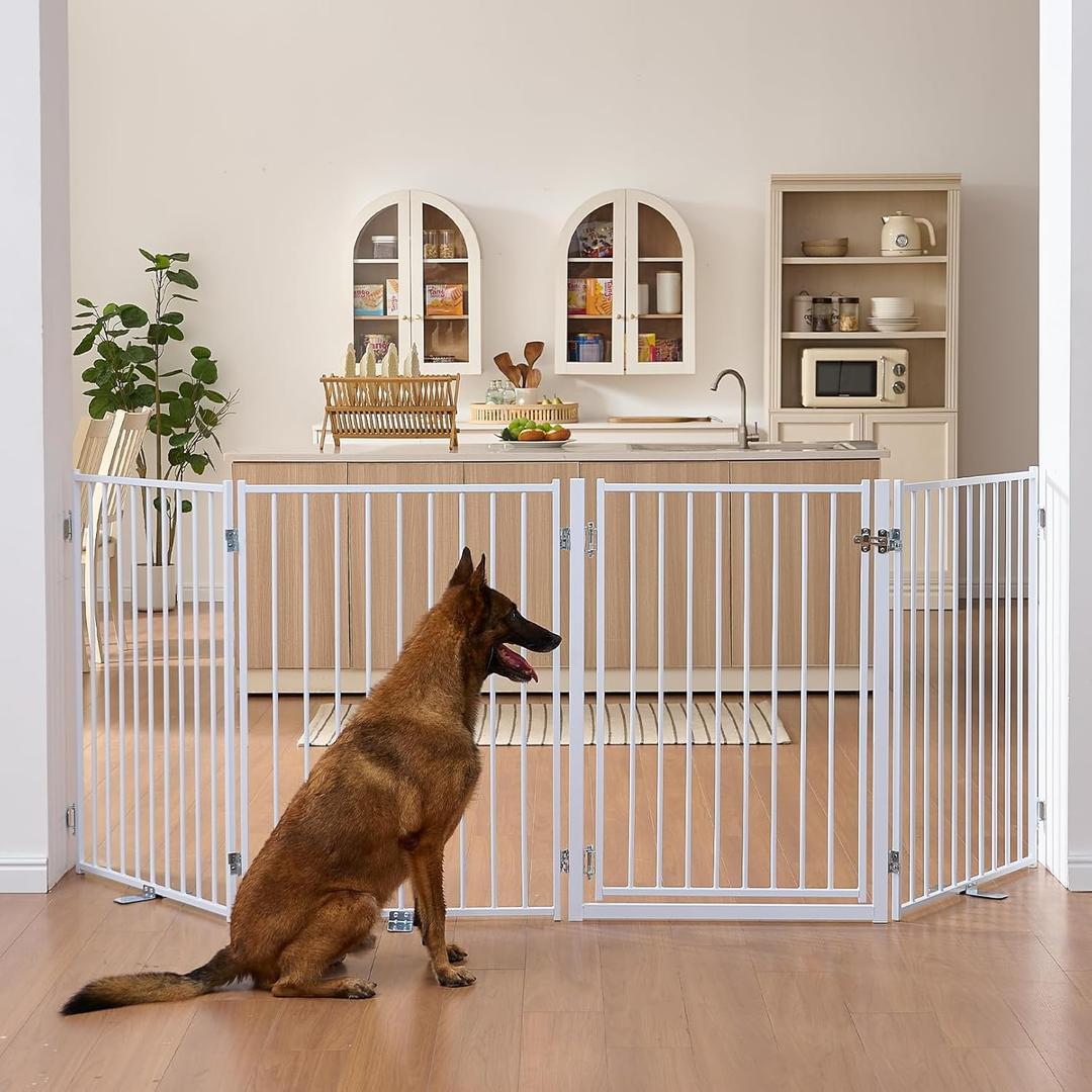 No Pawblems Free Standing Dog Gate with Door, 36'' Tall Foldable Dog Fence for Indoor & Outdoor, Up to 104 Inch Extra Wide Puppy Gate for Stairs, Hallways, Doorways, Deck, Yard (White, 4 Panels)