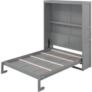 Full Size Murphy Bed Wall Bed with Shelves Full Bed Frame,Space-Saving Wall Bed with Cabinet, Drawers and Storage Shelves for Multipurpose Guest Room or Home Office,Gray