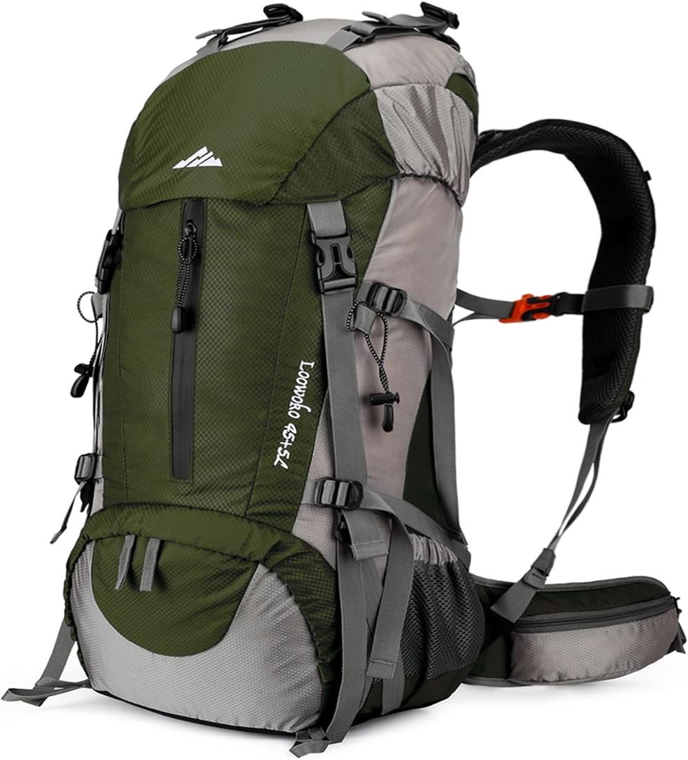 Loowoko 50L Hiking Backpack, Waterproof Camping Essentials Bag with Rain Cover, 45+5 Liter Lightweight Backpacking Back Pack (Green)
