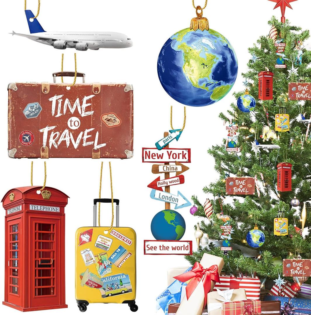 36 Pieces Travelers Planet Christmas Ornaments Wood World Globe Suitcase Luggage Cruise Ship Phonebooth World Signs Airplane for Christmas Tree Decoration
