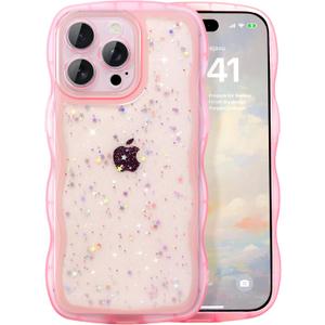 IAIYOXI Case for iPhone 12 - Curly Wave Edge Design, Bling Glitter Star Shiny Case, Cute Pink Clear Full Protection Soft TPU Shockproof Cover for Women and Girls (iPhone 12, Pink)