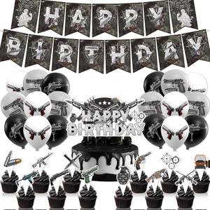 Party Decorations Pistol Shooting Birthday Decorations Set, Party Supplies Includes Birthday Banner, Cake Topper, Cupcake Toppers, Latex Balloons
