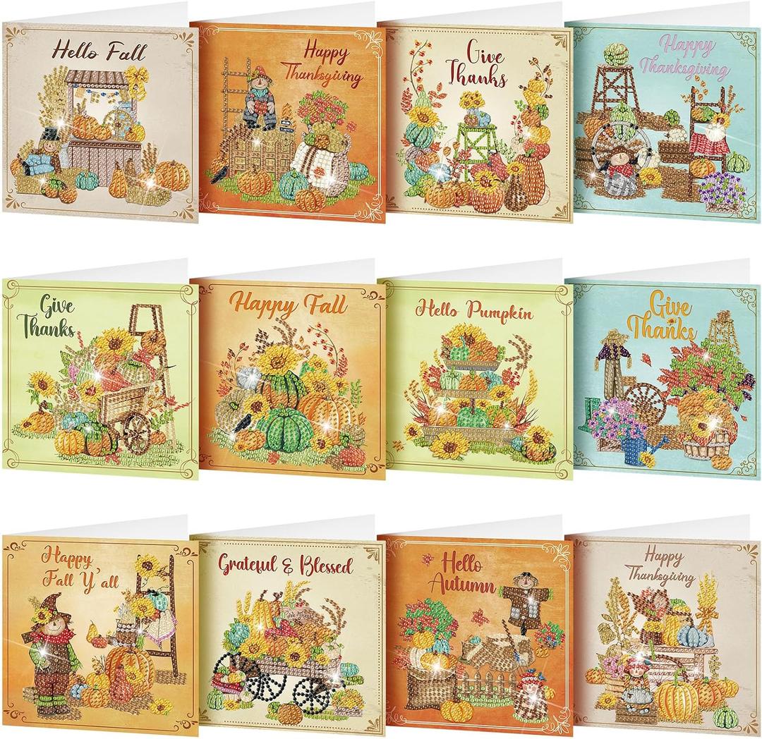 TecUnite 12 Pack Fall Diamond Painting Greeting Card Kits Fall Thanksgiving Diamond Art Cards with Envelopes Pumpkin DIY Crafts Kit Rhinestones Paint Scarecrow Cards for Friend Birthday Gifts