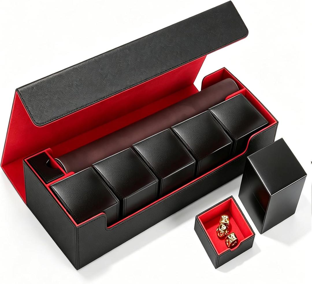 Premium Trading Card Storage Case with 5 Individual Deck Cases, Large MTG Commander Deck Box Holds 1800+ Cards, PU Leather Organizer for TCG & Sports Card Collections (Black & Red)