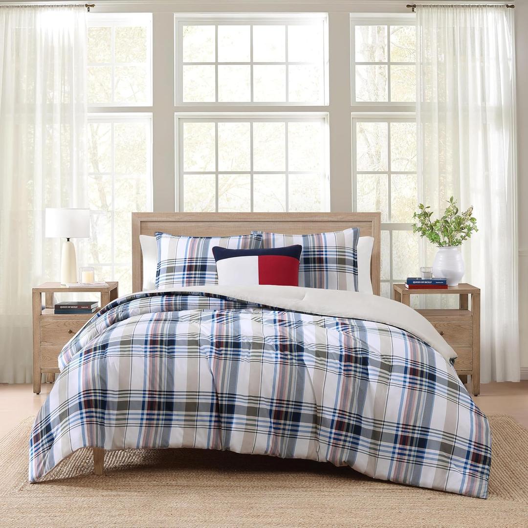 Tommy Hilfiger - Twin/Twin XL Comforter Set, Cotton Textured Bedding with Matching Sham, Medium Weight Bed Set, Oeko-TEX Certified (Waterbury Plaid Blue)