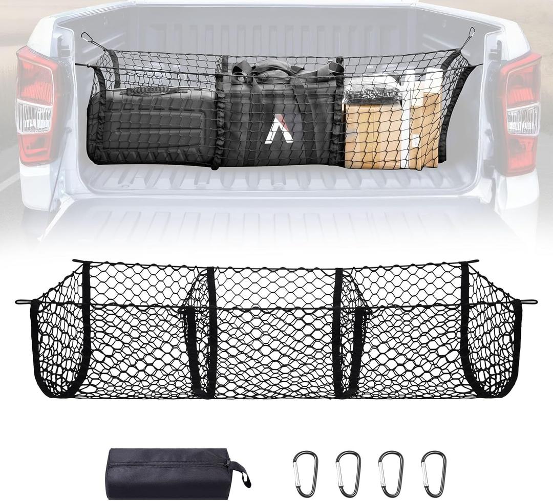 BUMBEE Heavy Duty Mesh Cargo Net 3 Pocket Trunk Bed Storage for 2005-2024 Toyota Tacoma Car, SUV, Pickup Truck Bed with Metal Carabiners Storage Bag(46x14x17Inch)