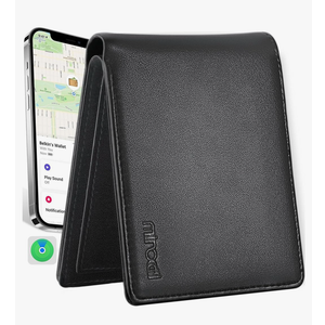 Mens Wallet Built-in Find My Real Time Tracker, 100% Genuine Leather RFID Blocking Classic Bifold Wallet for Men Upgrade Replacement for AirTag Wallet Credit Card Holder Smart Wallet for Men Black