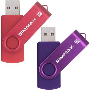 SIMMAX USB Flash Drives 2 Pack 16GB Memory Stick Swivel Design USB 2.0 Flash Drive Thumb Drive Zip Drives (16GB Red Purple)