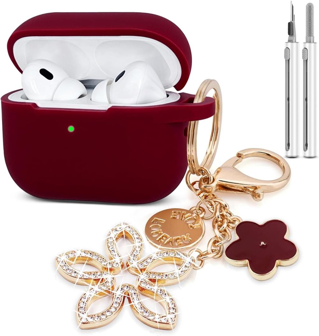 Compatible with AirPods Pro 2nd Generation Case with Cleaner Kit, Silicone Protective Case for Apple AirPod Pro 2nd/1st Earbuds Wireless Charging Cases with Bling Keychain (Burgundy Red)