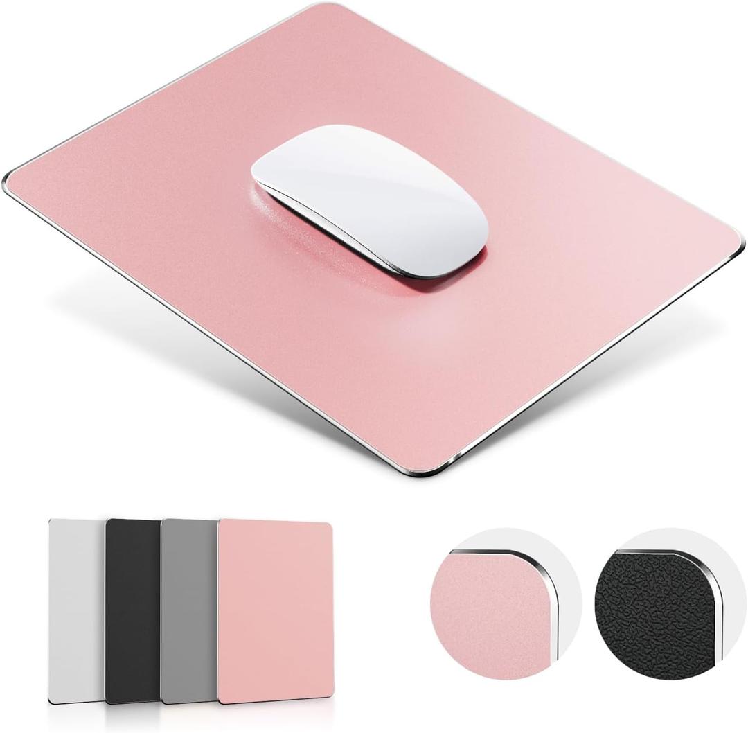 HONKID Metal Aluminum Mouse Pad Pink, Office and Gaming Thin Hard Mouse Mat Double Sided Waterproof Fast and Accurate Control Mousepad for Laptop, Computer and PC,9.06"x7.08",Rose Gold